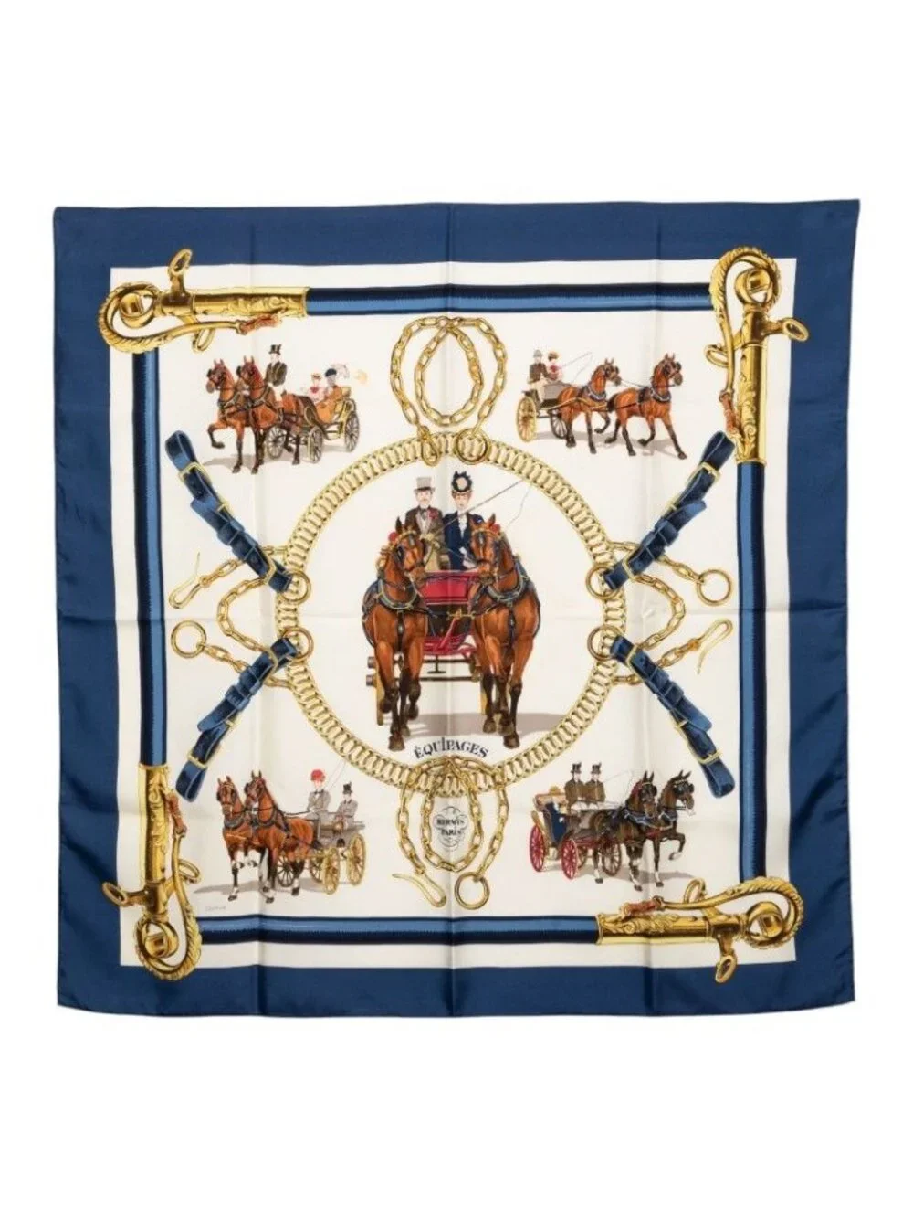 Hermes Carre 90 Equipages Carriage Scarf Navy Multicolor Silk